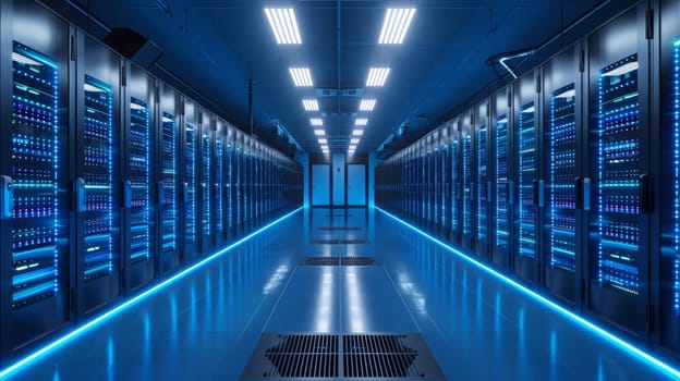 A long hallway with rows of servers and blue lights