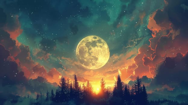A full moon is shown in the sky over a forest