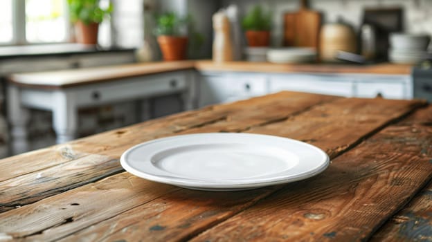 A white plate sitting on a wooden table in the kitchen