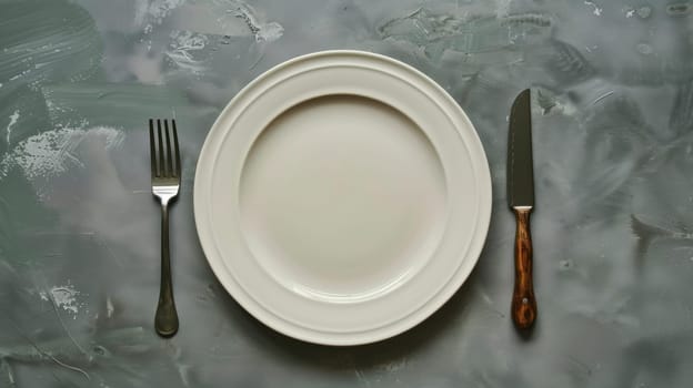 A white plate with fork and knife on a gray table