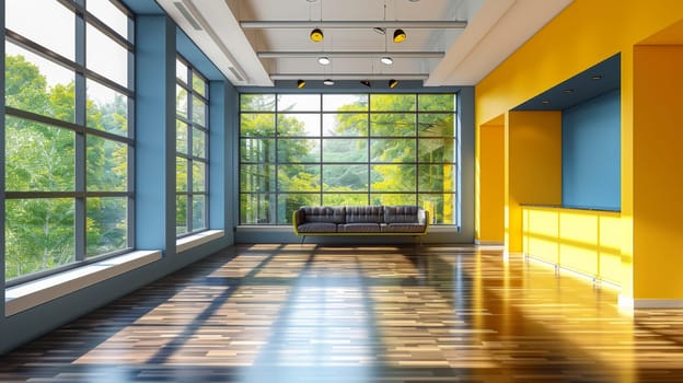 A room with a couch and windows in it