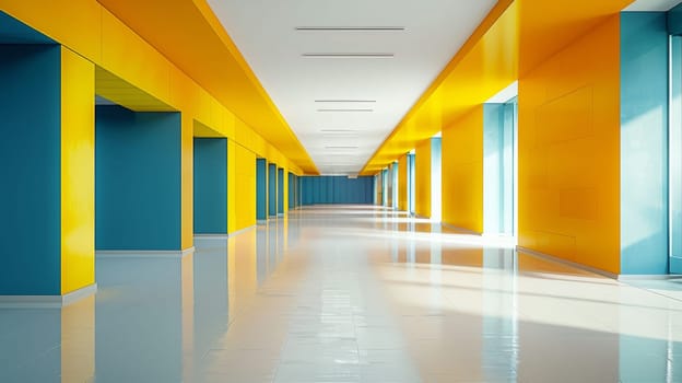 A long hallway with blue and yellow walls in a building
