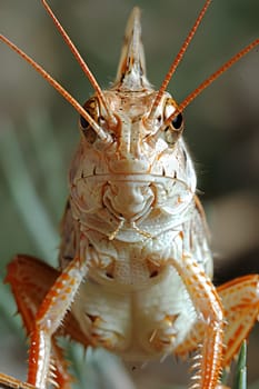 A closeup of an electric blue grasshopper, a terrestrial arthropod, looking directly at the camera. The macro photography captures the details of this insect organism