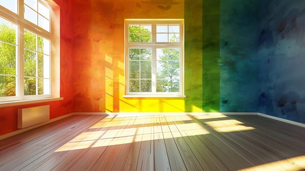 A room with a rainbow colored wall and two windows