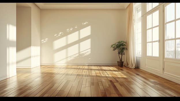 A room with a large window and wooden flooring