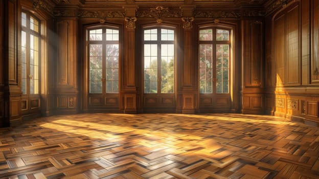 A room with a large wooden floor and windows in the ceiling