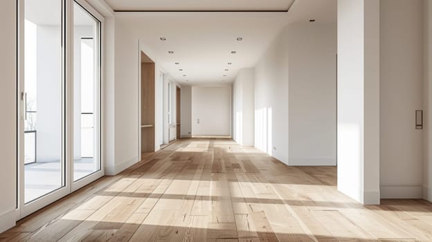 A long hallway with white walls and wooden floors