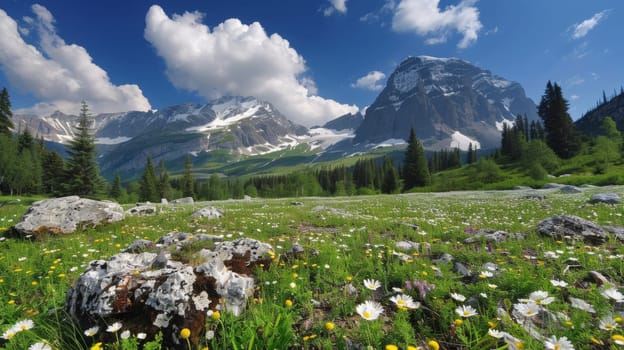 A field of wildflowers and rocks in a mountain range