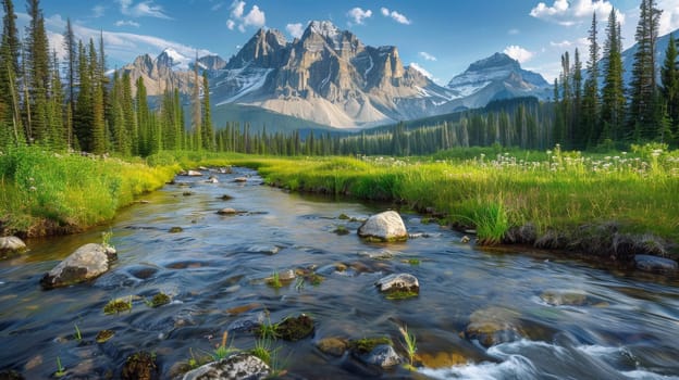 A river flowing through a lush green valley with mountains in the background