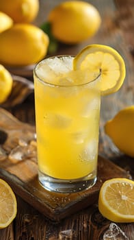 A glass of lemonade with a slice and some lemons