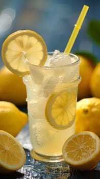 A glass of a drink with lemon slices and straws