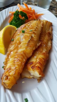 A plate of a white plate topped with fish and vegetables