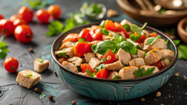 A bowl of chicken and vegetables with tomatoes, basil leaves and parsley