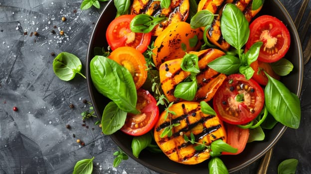 A bowl of food with tomatoes, basil and other vegetables