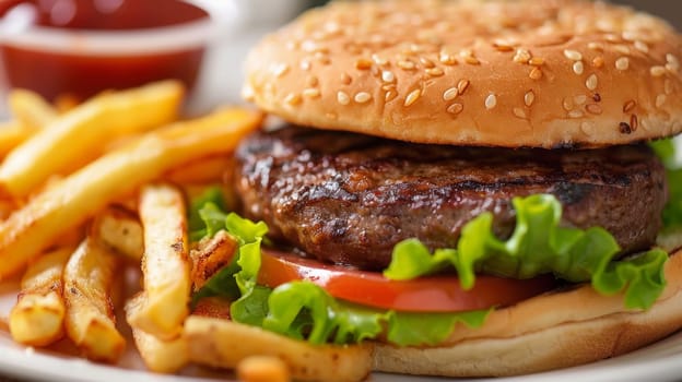 A hamburger and french fries on a plate with ketchup