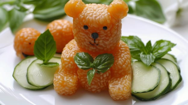 A teddy bear made out of vegetables and cucumbers on a plate