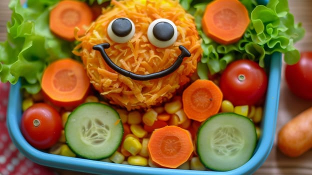 A close up of a blue container with vegetables and carrots