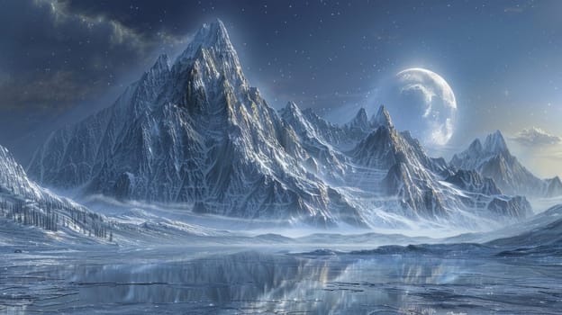 A painting of a snowy mountain range with the moon in the sky