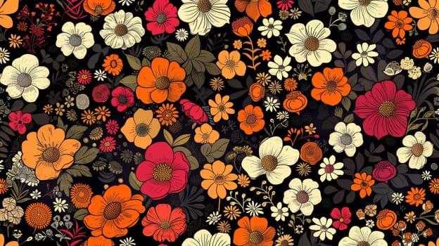 A pattern of a colorful floral design on black background