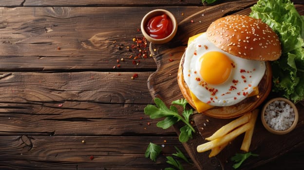 A burger with an egg on top of it sitting next to some fries and a bottle