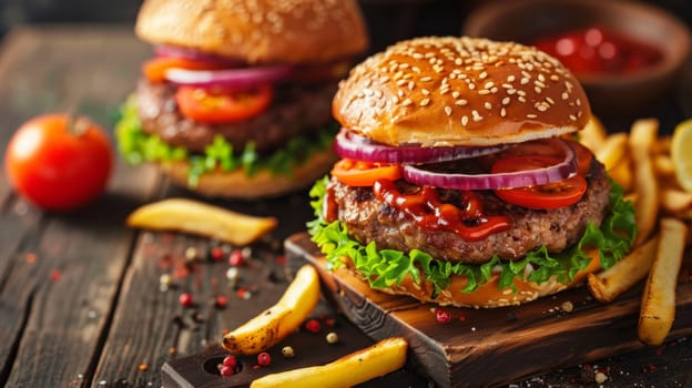 A close up of a hamburger with onions and tomatoes on top