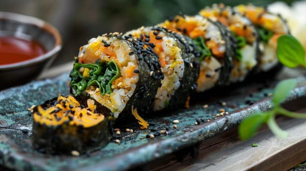 A long roll of food with vegetables and sauce on a plate