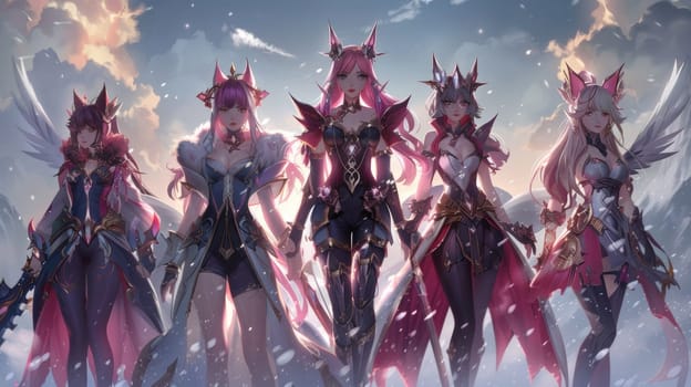 A group of anime characters standing in the snow