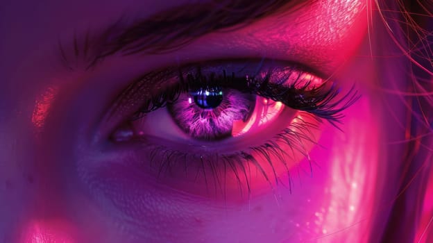 A close up of a woman's eye with purple lighting