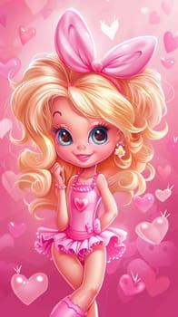 A cartoon girl with a pink dress and big hair