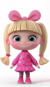 A cartoon doll with blonde hair and a pink dress