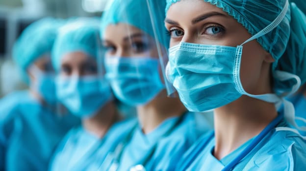 A group of female doctors in blue scrubs and surgical masks