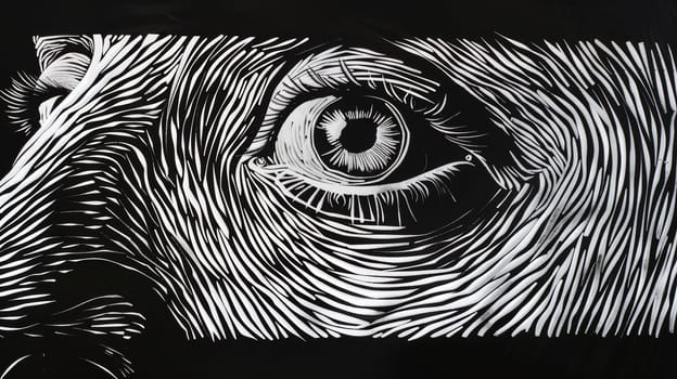 A close up of a black and white drawing that shows an eye