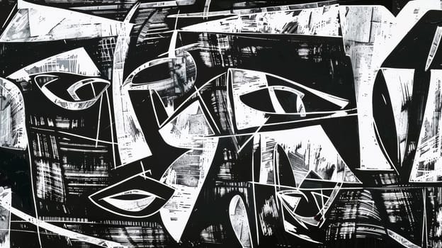 A black and white painting of a face with eyes