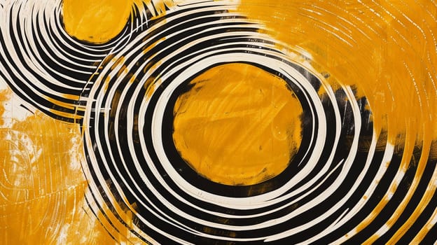 A painting of a yellow and black abstract design with circles