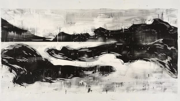 A black and white drawing of a mountain range