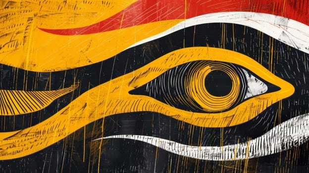 A painting of a large eye on the side of an orange and yellow building