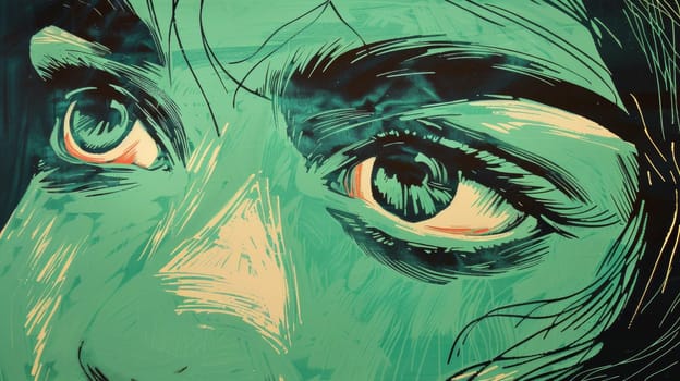A close up of a painting with an image of someone's face