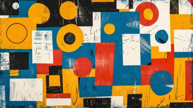 A painting of a colorful abstract design with circles and squares