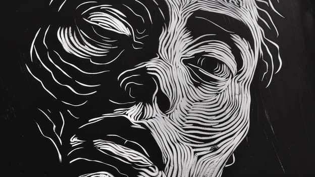 A drawing of a face with lines on it in black and white