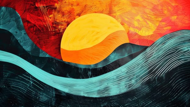 A painting of a sunset over the ocean with waves