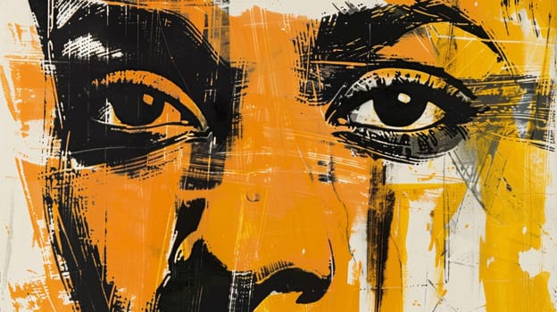 A close up of a painting with an orange face and black hair