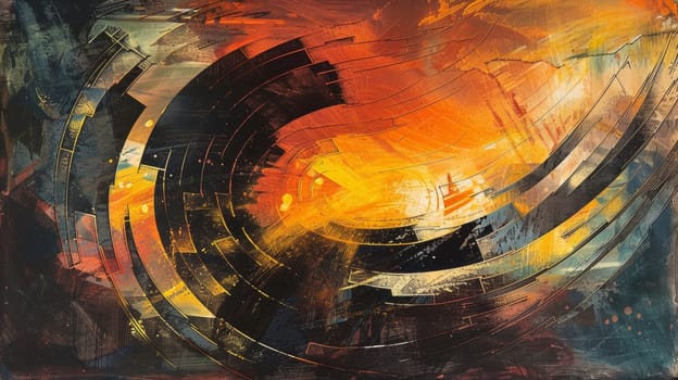 A painting of a circular design with orange, yellow and black colors