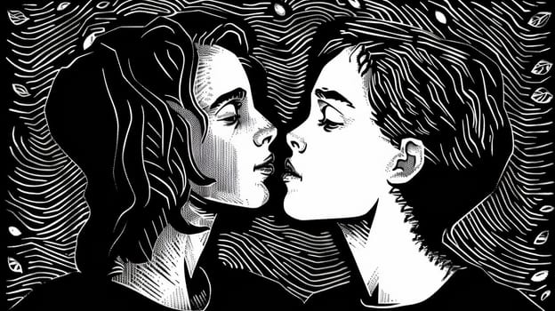Two people kissing each other in a black and white drawing