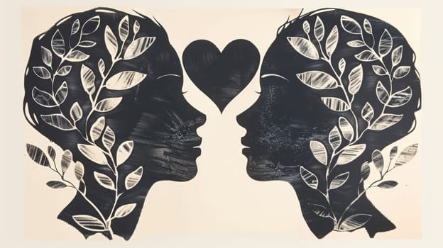 Two silhouettes of two women with leaves and hearts