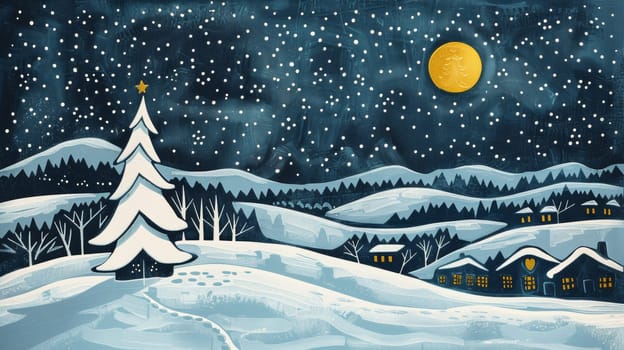 A painting of a snowy landscape with trees and houses
