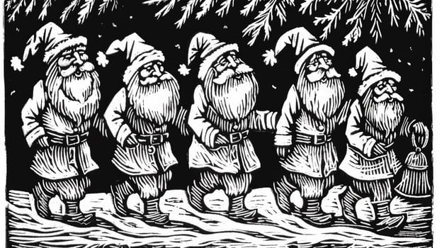 A black and white drawing of santa claus walking with his reindeer