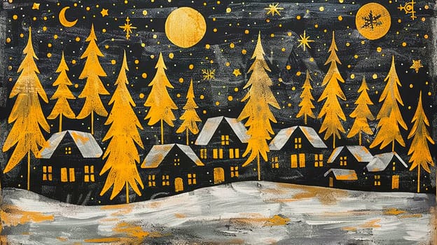 A painting of a snowy scene with trees and houses