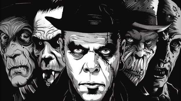 The black and white drawing shows many different faces