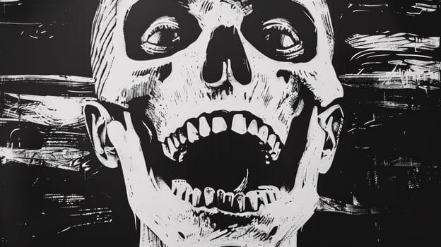 A black and white drawing of a skull with teeth