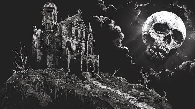 A black and white drawing of a house with a skull on top